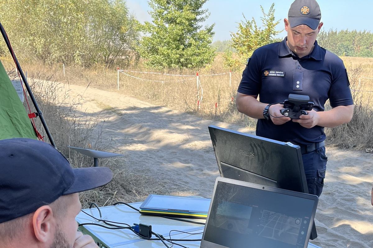 A Ukrainian State Emergency Service deminer operating field detection equipment near Kyiv, September 2023